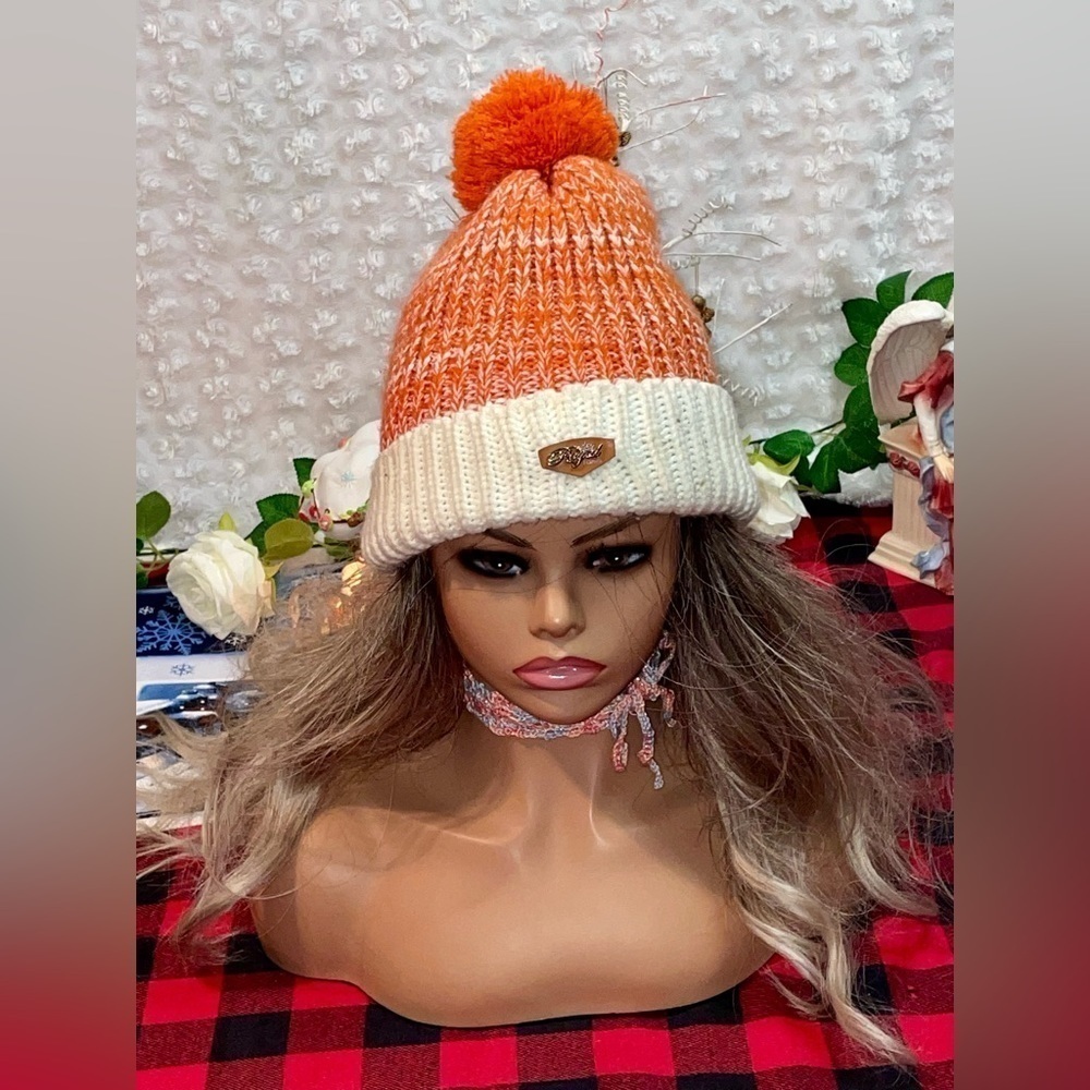 NWOT Royal Fashions Pom Pom Winter Beanie. Two Toned Orange/White Fuzzy …